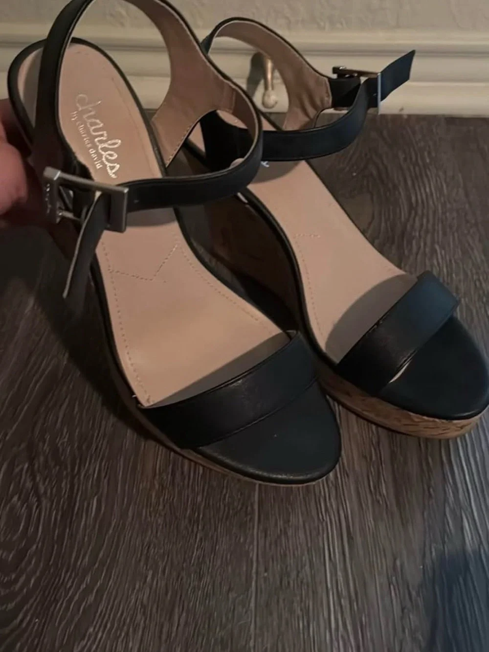 Charlies Black Leather Ankle-Strap Wedge Sandals